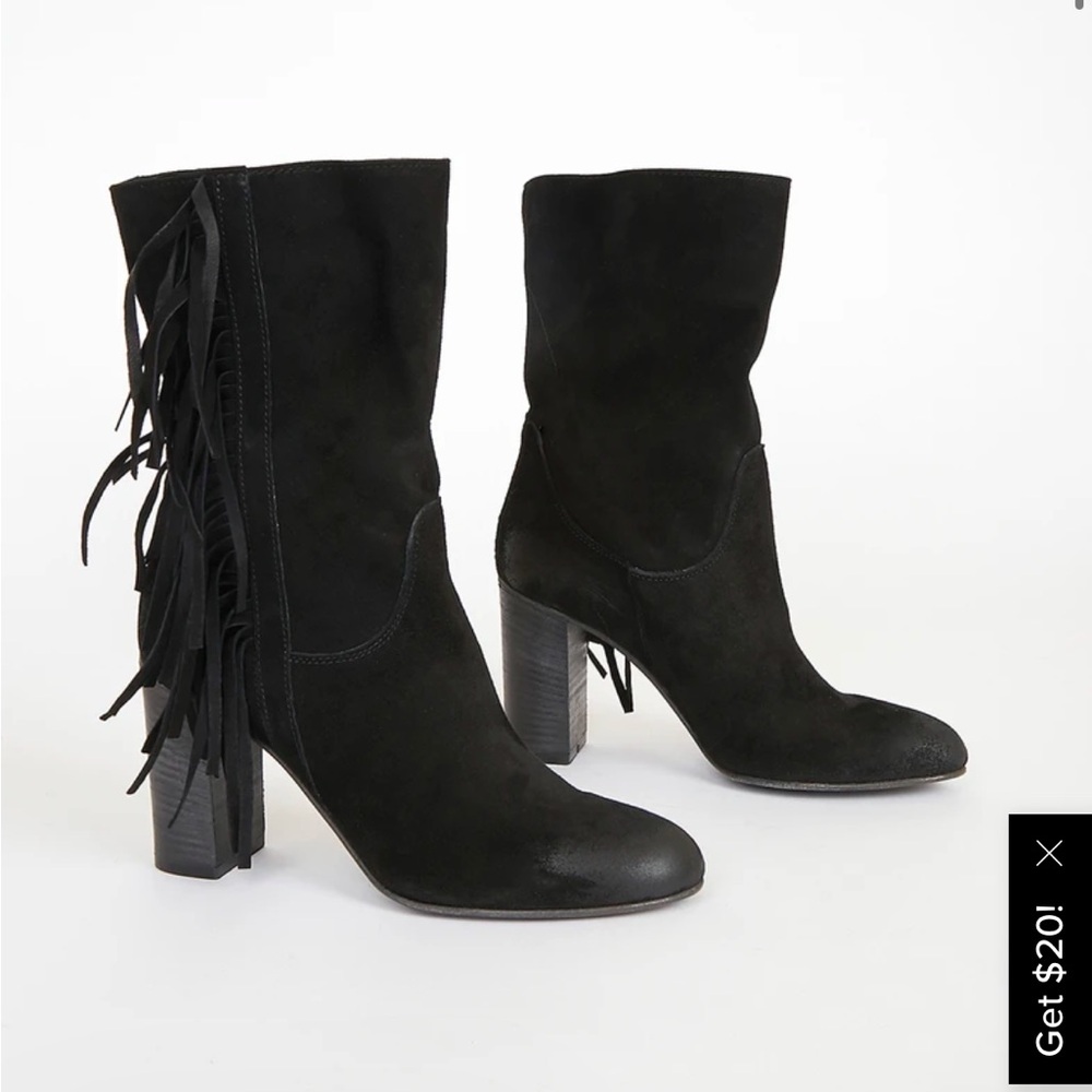 Free People Wild Rose Black Suede Leather Fringe Mid-Calf Slouch Boots